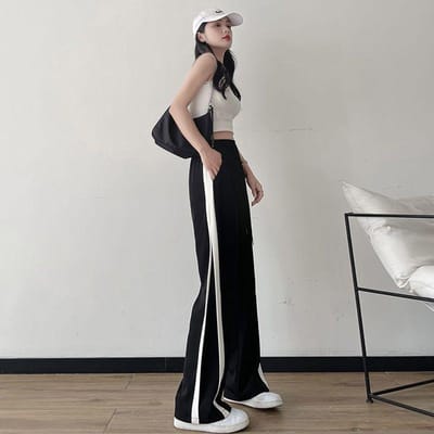 Pantalon pour femme en soie glacée noire, taille haute, jambe large, pantalon décontracté droit, pantalon de survêtement rayé grande taille 4XL noir
