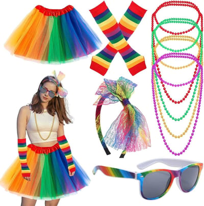 80s Kostuum Accessoires Set voor Dames, Neon Sieraden, Vingerloze Handschoenen, Rok, Hoofdband en Fanny Pack voor Feest en Thema Party