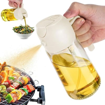 2-in-1 Olie Dispenser - 470 ml Glas Dispenser met Zeef - Voedselveilig voor Salade, Bakken en BBQ - Druipvrij Schenken en Spuiten
