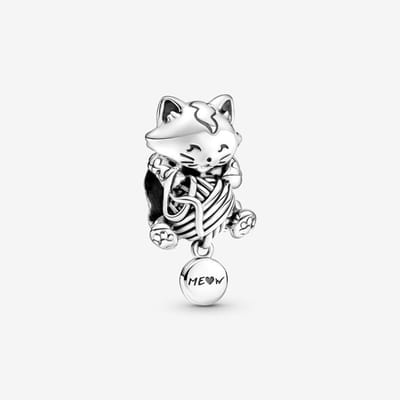 Fler® | Bedel | Past op populaire bedelarmbanden (standaard - 3mm) | Kitten & Bol Wol Bedel | Hangbedel Charm | 925 sterling zilver | Zwarte emaille | Armband Kraal | Valentijnsdag Cadeau | Sinterklaas kado | Kerstcadeau | Verjaardagsgeschenk