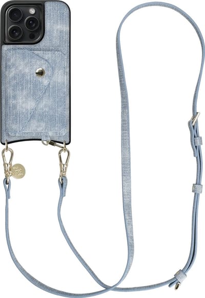 AVY Hoesje geschikt voor Apple iPhone 15 Pro Max | Met Koord en Kaarthouder | Compatibel met MagSafe | Kunstleren Case met Crossbody Koord & Wallet | Long Denim | Denim