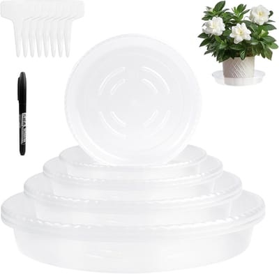 Transparante Plantenschotels met Labels - 8 Stuks Stevige Doorzichtige Druppelschotels voor Bloempotten, Ronde Tuinschotels met Verdiepte Platen en Labelmogelijkheden voor Buitengebruik