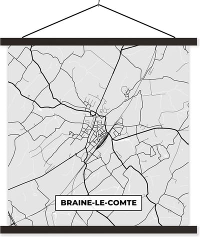 Posterhanger incl. Poster 60x60 cm - Schoolplaat - Stadskaart – Plattegrond – België – Zwart Wit – Braine le Comte – Kaart - Textielposter - Zwarte latten - Stadskaart
