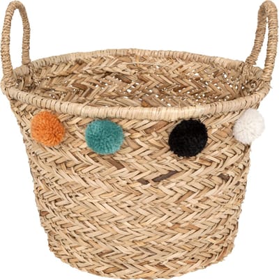 Atmosphera Kids Opbergmand uit riet met pompons Ø40x26cm - Beige