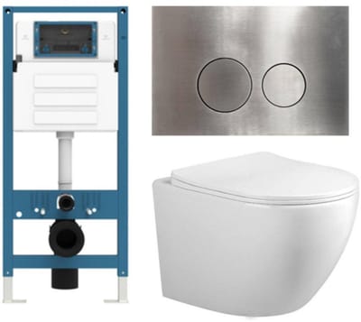 Adema Salina 2.0 Toiletset - 48.5x36x32cm - diepspoel - spoelrandloos - QeramiQ inbouwreservoir - softclose - quickrelease - toiletzitting - RVS metalen bedieningsplaat - ronde knoppen - wit