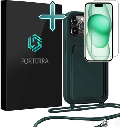 Hoesje Geschikt voor iPhone 14 Pro Pashouder Case Siliconen Hoes Met Koord Met Screenprotector - Hoes Geschikt voor iPhone 14 Pro Met Telefoonkoord Hoesje Back Cover Met Pasjeshouder - Donkergroen
