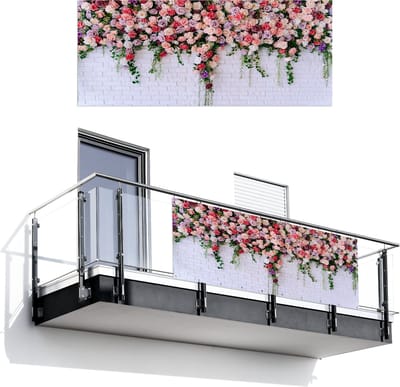 Balkonscherm 300x120 cm - Balkonposter Bloemen - Roze - Planten - Wit - Muur - Balkon scherm decoratie - Balkonschermen - Balkondoek zonnescherm