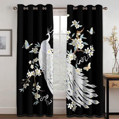 3D Digitaal Printen Vintage Pauwenveer Met Bloem Moderne Luxe Raamgordijn voor Woonkamer Slaapkamer Print Gordijnen 2st W60H60(CM)x2PCS&Grommet Top white