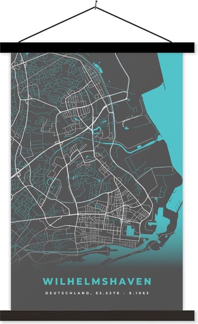 Posterhanger incl. Poster 60x90 cm - Schoolplaat - Blauw – Duitsland – Plattegrond – Stadskaart – Kaart – Wilhelmshaven - Textielposter - Zwarte latten - Stadskaart