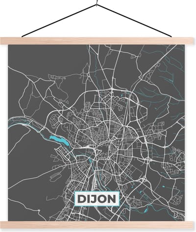 Posterhanger incl. Poster 40x40 cm - Schoolplaat - Dijon - Frankrijk - Stadskaart - Kaart - Plattegrond - Textielposter - Blanke latten - Stadskaart
