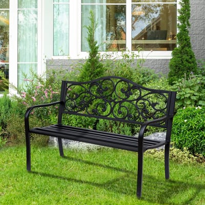MODFU - Tuinbank 3-Zits Met Armleuningen - Hoge Rugleuning - Staal En Gietijzer - Zwart - 127 x 60 x 89 cm