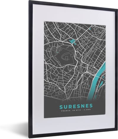 Fotolijst incl. Poster - Suresnes - Kaart - Plattegrond - Stadskaart - Frankrijk - 30x40 cm - Posterlijst