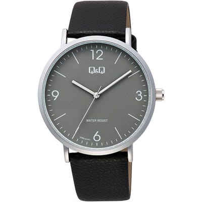 Q&Q Q56B-001PY - Horloge - Analoog - Heren - Mannen - Leren band - Rond - Metaal - Zwart - Zilverkleurig - Grijs - 3ATM