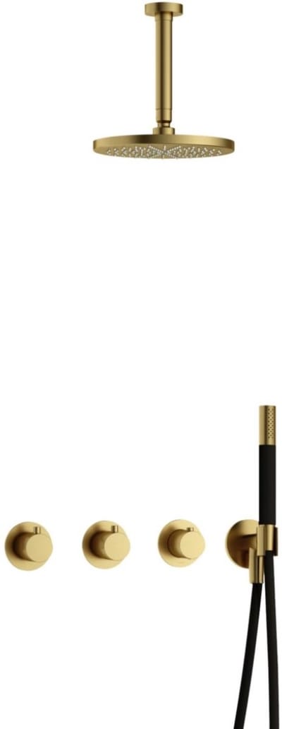Hotbath Cobber - CB7067 - Inbouw Regendoucheset - Geborsteld Messing PVD - 2 Stopkranen - Thermostatisch - Plafondbuis 15 cm - Hoofddouche 200 mm - Staafhanddouche - Waterbesparend