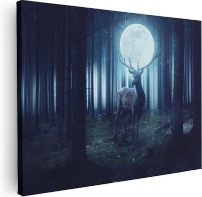 Artaza Canvas Schilderij Hertenkop Met Gewei - 40x30 cm - Klein - Wanddecoratie Bos - Muurdecoratie Nacht - Kamer Accessoires Mystiek