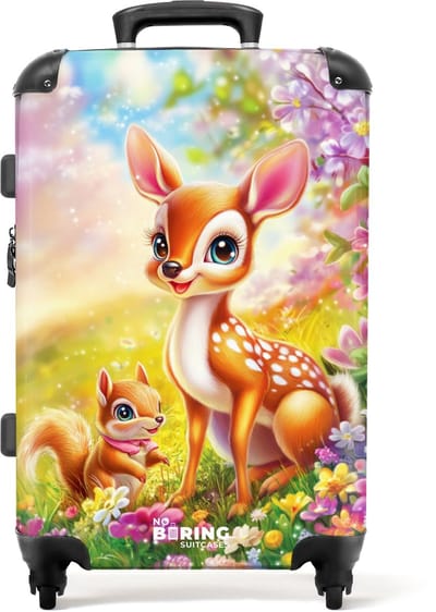 NoBoringSuitcases.com® - Kinderkoffer meisje - Kindertrolley meisjes - Hertje en eekhoorn in kleurrijk bloemenveld - Koffer kind groot - Rolkoffer lichtgewicht - Reiskoffer met 4 wielen - Grote trolley XL - 20 kg bagage