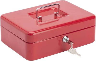 Geldcassette 25,4 cm met veilig slot en uitneembaar muntenvak, rood