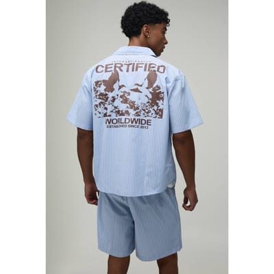 Gecertificeerde Wereldwijde Popeline Gestreepte Oversized Shirt & Short Set | Blue | Size XS