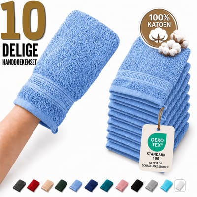 Komfortec Set van 10 Washandjes - 16x21 cm - 100% Zachte Katoen - Badstof - Sneldrogend, Lichtblauw