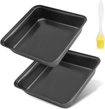 Vierkante RVS Bakvorm met Antiaanbaklaag voor Brownies en Lasagne, Inclusief Gele Oliekwast, 22 x 22 x 5.5 cm, Makkelijk Schoon te Maken
