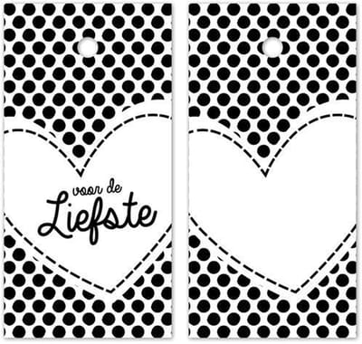 Label Kaartje – Voor de Liefste | Zwart – Wit | Karton incl. boorgaatje | Cadeau – Gift – Leuk inpakken – Verrassen | Mama - Moeder | Stipjes – Dots - Hart | Verpakking – Geschenk – Tag | DH collection