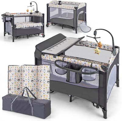 COSTWAY 5-in-1 babybed, reisbed baby met matras, bijzetbed in hoogte verstelbaar met luiertafel, veiligheidsgordel, muziekdoos en hangspeelgoed, wieg met wieltjes voor peuters, grijs