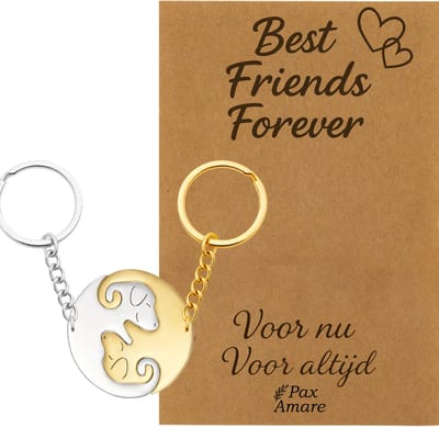 BFF Sleutelhanger voor 2 'Best Friends Forever' - Schattige Hondjes - Sleutelhangers op Cadeau Kaartje - Goudkleurig & Zilverkleurig - Vriendschap Symbool - Pax Amare