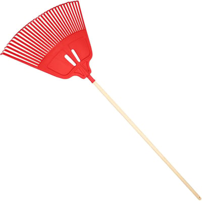 KOTARBAU® Bladhark, Tuinhark van Kunststof, 68 cm, met Houten Steel, 150 cm, Extra-Click, Gazonhark, Waaierbezem, Stevige Hark, Hark voor Gras Tuin Gazon, Rood & Gelakt Hout