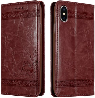 Cadorabo Hoesje geschikt voor Apple iPhone XS MAX in Donker Rood met ornamenten - Beschermhoes met magnetische sluiting, standfunctie en kaartvakje Case Cover Etui