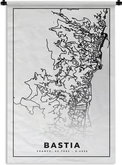 Wandkleed - Wanddoek - Stadskaart – Plattegrond – Kaart – Bastia - Frankrijk - Zwart wit - 120x180 cm - Wandtapijt