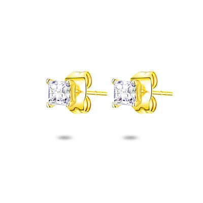 Twice As Nice Oorbellen in 18kt verguld zilver, vierkant zirkonia 3 mm