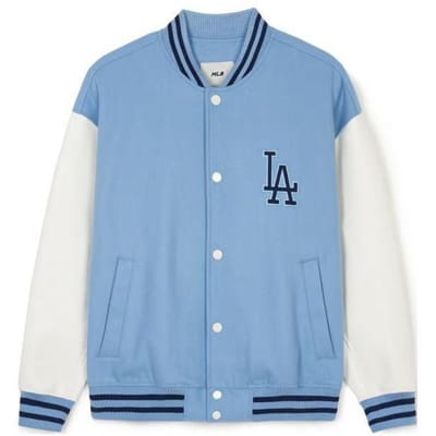 MLB SS24 Los Angeles Dodgers Logo Patch Verlaagde Schouder Knopen Vest Baseballjas Unisex jassen Lichtblauw 3AJPV0541-07SBS XS white