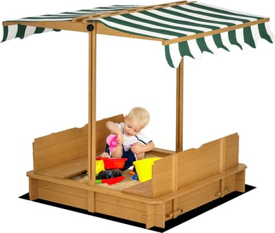 Outsunny Kinderen Zandbak-Dennenhout, Polyester-106L x 106B x 115H cm-Lichtbruin+Groen+Wit