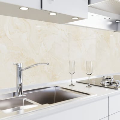 Keuken achterwand zelfklevend – Glaslook – Spatscherm keuken – Verstevigde PET folie – Spatwand fornuis – Muurbeschermer – 0,80 mm - Marmer beige - 220 cm x 60 cm