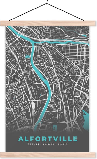 Posterhanger incl. Poster 40x60 cm - Schoolplaat - Alfortville - Frankrijk - Plattegrond - Kaart - Stadskaart - Textielposter - Blanke latten - Stadskaart