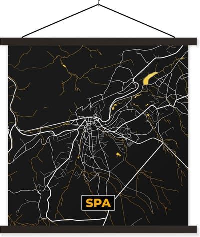 Posterhanger incl. Poster 60x60 cm - Schoolplaat - Kaart - Spa - Plattegrond - Goud - Stadskaart - Textielposter - Zwarte latten - Stadskaart