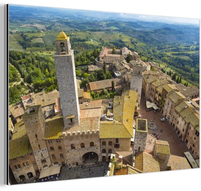 Aluminium schilderij 180x120 cm - Wanddecoratie metaal - San Gimignano van bovenaf bij Toscanië in Italië - Metalen muurdecoratie woonkamer - Decoratie industrieel - Foto op dibond - Industriële accessoires slaapkamer