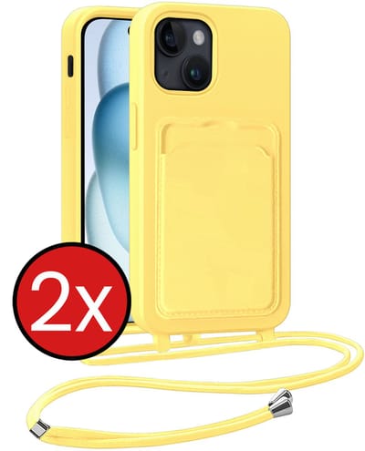 Hoesje Geschikt voor iPhone 15 Plus Hoesje Met Telefoonkoord en Pasjeshouder Siliconen - Hoes Geschikt voor iPhone 15 Plus Hoesje Met Kaarthouder Case - Geel - 2 PACK