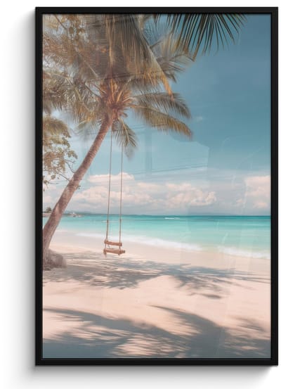 Poster in lijst - Fotolijst 80x120 cm - Posters - Palmboom - Schommel - Strand - Lucht - Posterlijst zwart - Decoratie - Wanddecoratie woonkamer - Muurdecoratie slaapkamer