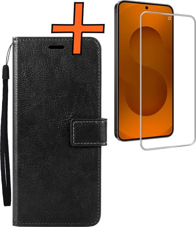 Hoes - Met Screenprotector - Geschikt voor Samsung Galaxy S25 FE - Luxe Pasjeshouder - Bookcase Portemonee - Flip Case - Kunstleer Book Case - Flipcase - Book Cover - Walletcase - PortemonneeHoes - Zwart