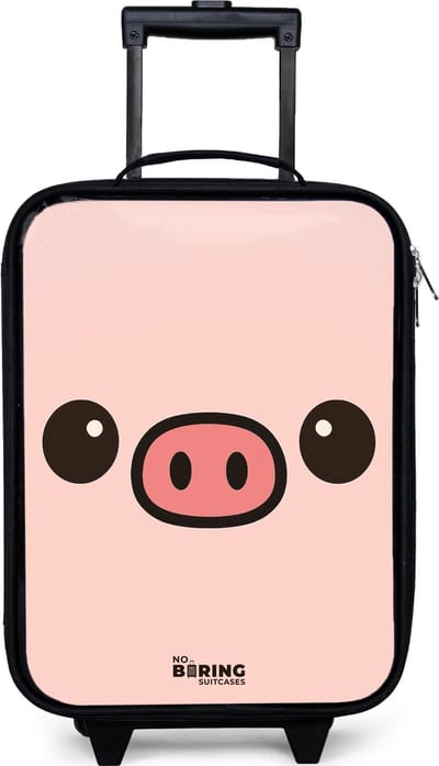 NoBoringSuitcases.com® - Kinderkoffer jongen - Kindertrolley meisje - Kawai - Varken - Roze - Koffer kind lichtgewicht - Reiskoffer trolley voor kinderen - Koffertje met lichtgevende wieltjes - Rolkoffer zwart