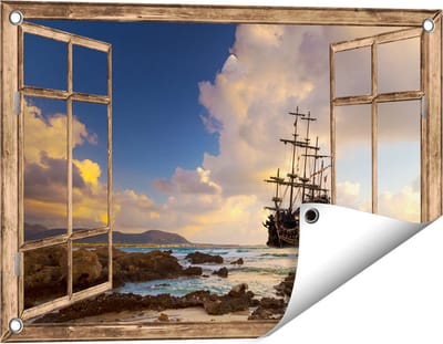 Gards Tuinposter Doorkijk Piratenschip aan de Kust bij Zonsondergang - 60x40 cm - Tuindoek - Tuindecoratie - Wanddecoratie buiten - Tuinschilderij
