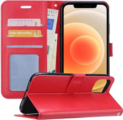 Hoesje - Met Pasjeshouder - Geschikt voor Apple iPhone 12 - Luxe Bookcase Portemonee - Flip Case - Kunstleer Book Case - Flipcase - Book Cover - Walletcase - Portemonneehoes - Telefoonhoesjes - Rood