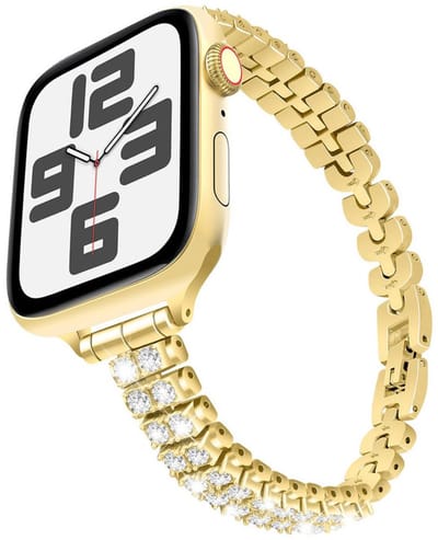 RVS bandje met glitterstenen - geschikt voor Apple Watch 1/2/3/4/5/6/7/8/9/10/11/ SE (1,2,3) met maat 38 mm / 40 mm / 41 mm en 42 mm (Watch 10/11) - stalen bandje - bling - goud