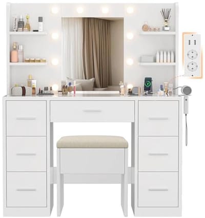 Groot Make-up Tafel met Spiegel en Verlichting - Modern Design met LED Verlichting, Verstelbare Helderheid, 7 Laden en 6 Planken