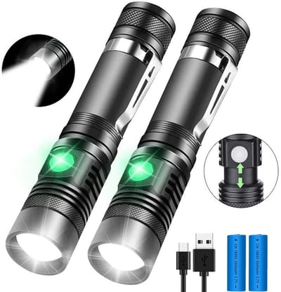 longziming -Oplaadbare Tactische Zaklampen – 2 Stuks LED Zaklamp Set – Hoge Lumen, Inclusief 18650 Batterij – Compact met Clip – Waterbestendig, Zoombaar, 4 Lichtstanden – Voor Hiking, Camping & Noodgevallen