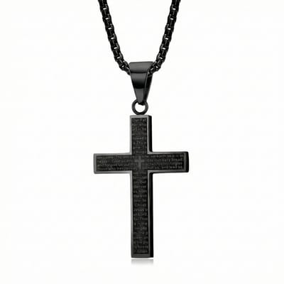 Zwarte RVS Kruis ketting 60 CM – Gegraveerd met het Onze Vader Gebed - voor heren en dames