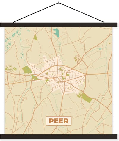Posterhanger incl. Poster 60x60 cm - Schoolplaat - Peer - Vintage - Retro - Plattegrond - Kaart - Stadskaart - Textielposter - Zwarte latten - Stadskaart