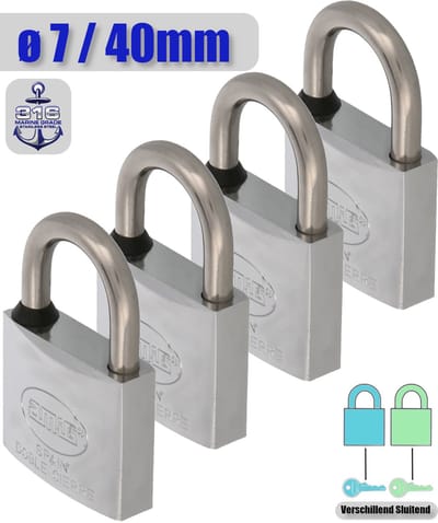AMIG Hangslot met Sleutel RVS Ø7/40mm - Standaard Beugel Buiten 4 Stuks