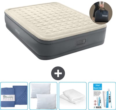 Intex Luchtbed - 2-Persoons - 152 x 203 x 46 cm - Grijs - Inclusief pomp - Hoeslaken - Kussen - Reparatieset en Kussenbeschermer